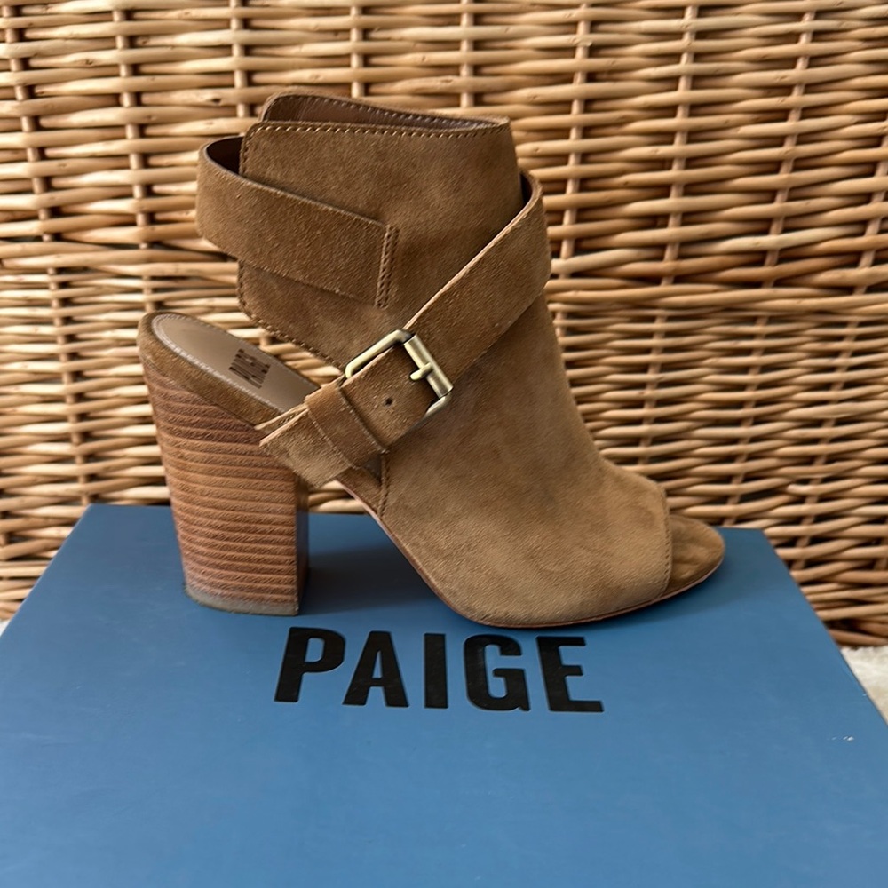Paige Women's Camel/Tan Suede Heeled Peep toe Sandals